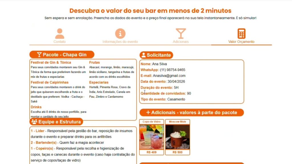 Tela de calculadora de bar de drinks para organizar bebidas de festa